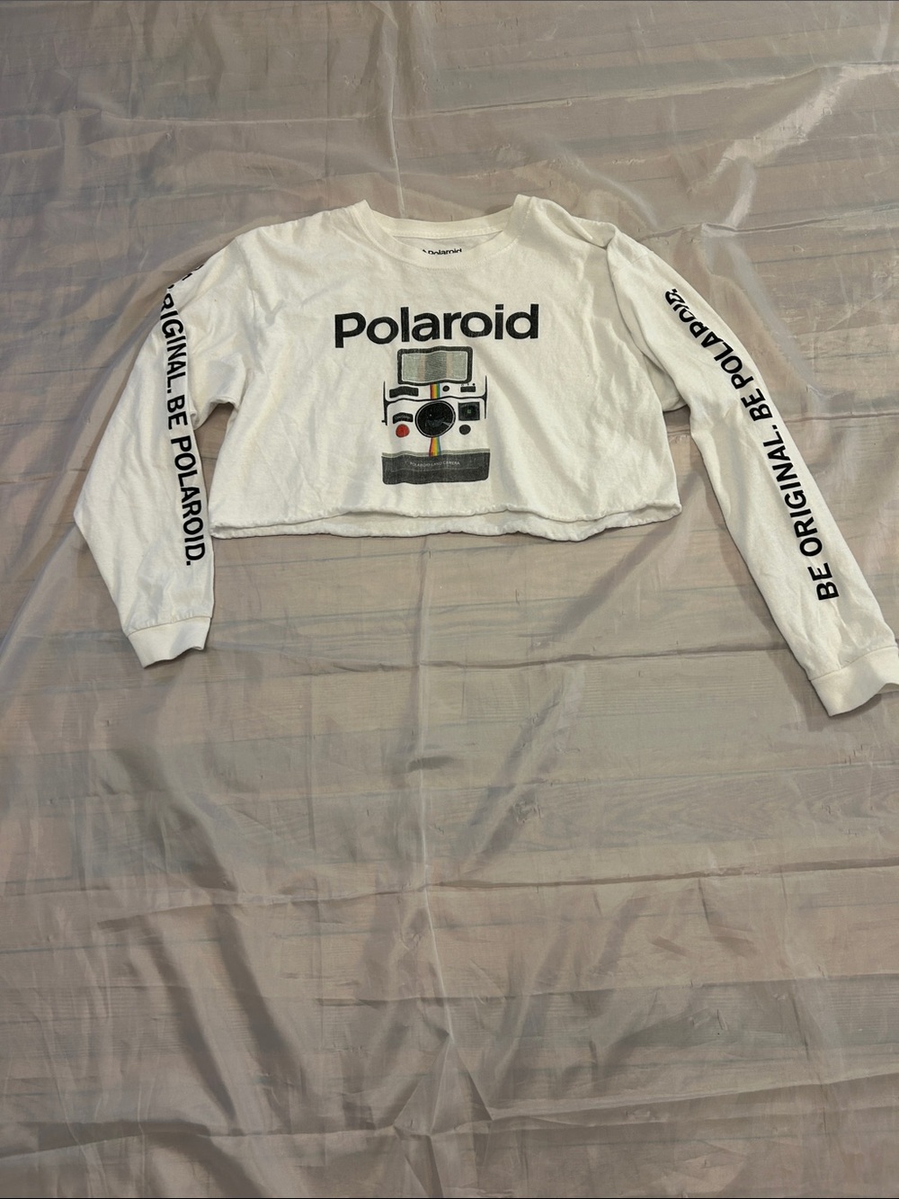 Polaroid White Long-Sleeve Crop Top with Camera Graphic